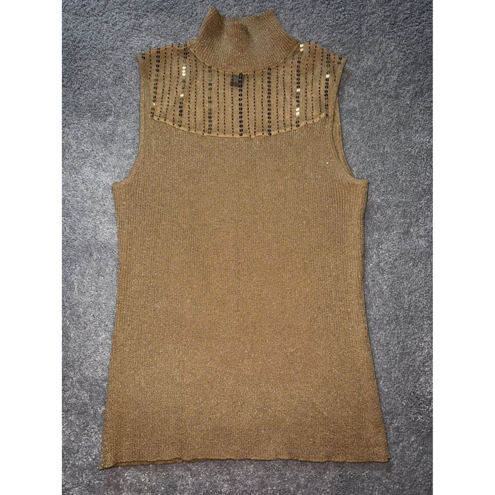Cable Gauge Gold Metallic Silk Blend Mock Neck Sequin Holiday Tank Top Large